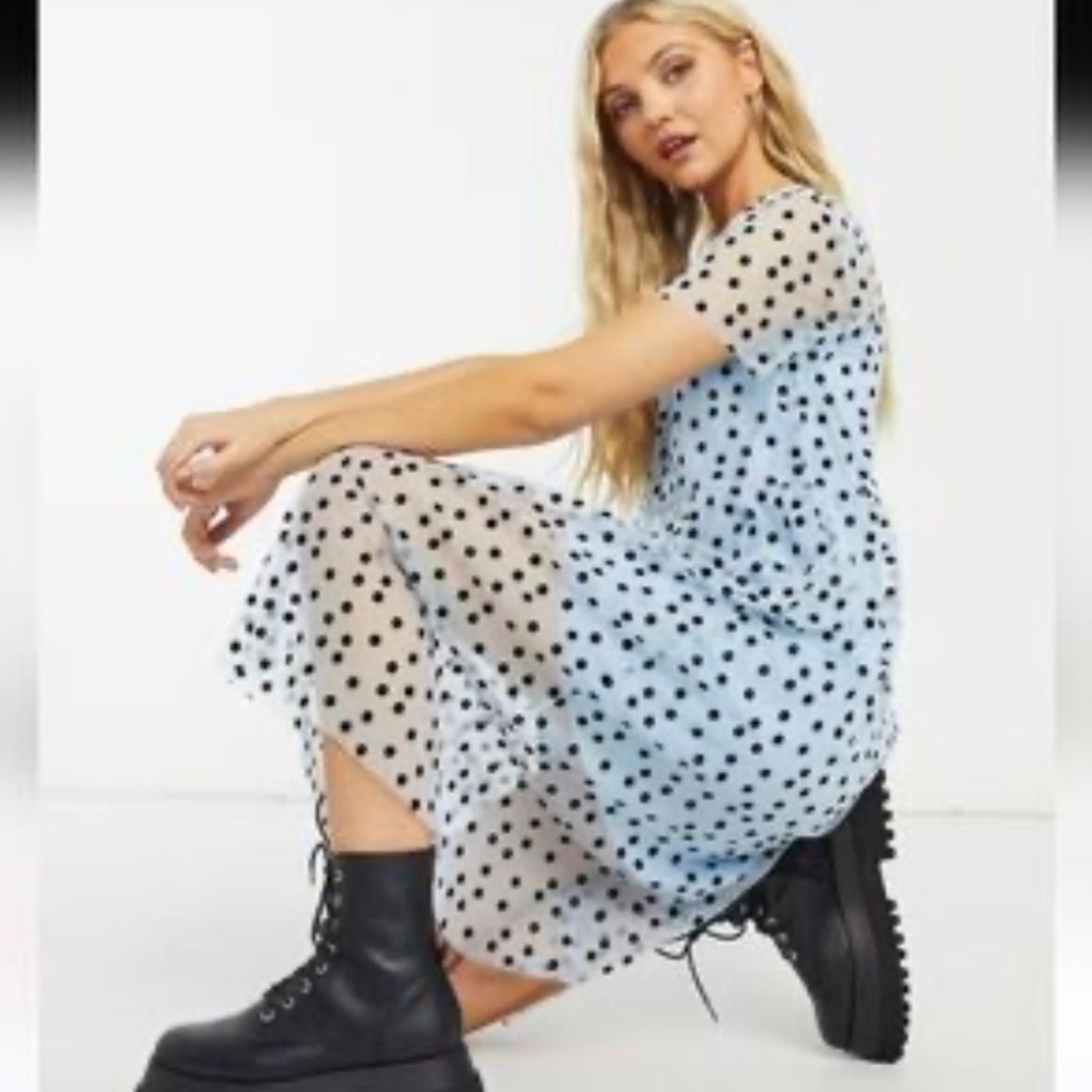 Wednesdays Girl‎ Light Blue Black Polka Dot Net Mesh Midi Dress Womens Small